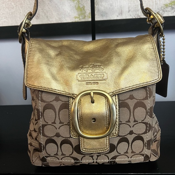 Coach Handbags - Coach Bleeker Signature Buckle Flap Gold Metallic and Brown Signature Bag